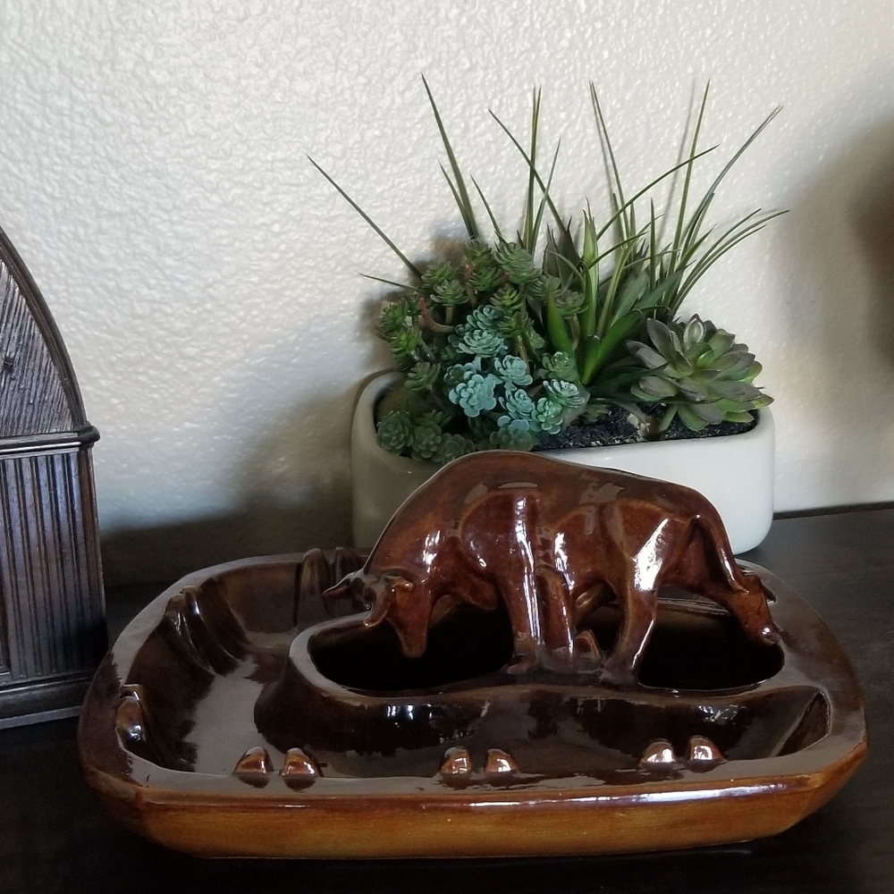 Texas Longhorn Bull Ashtray‎ Large Brown Glazed Ceramic 8 Slot